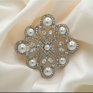Vintage DiStefano Rhinestone Faux Pearl Floral Brooch 1950s